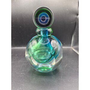 Handcrafted Art Glass Perfume Bottle With Stopper In Emerald & Sapphire Tones